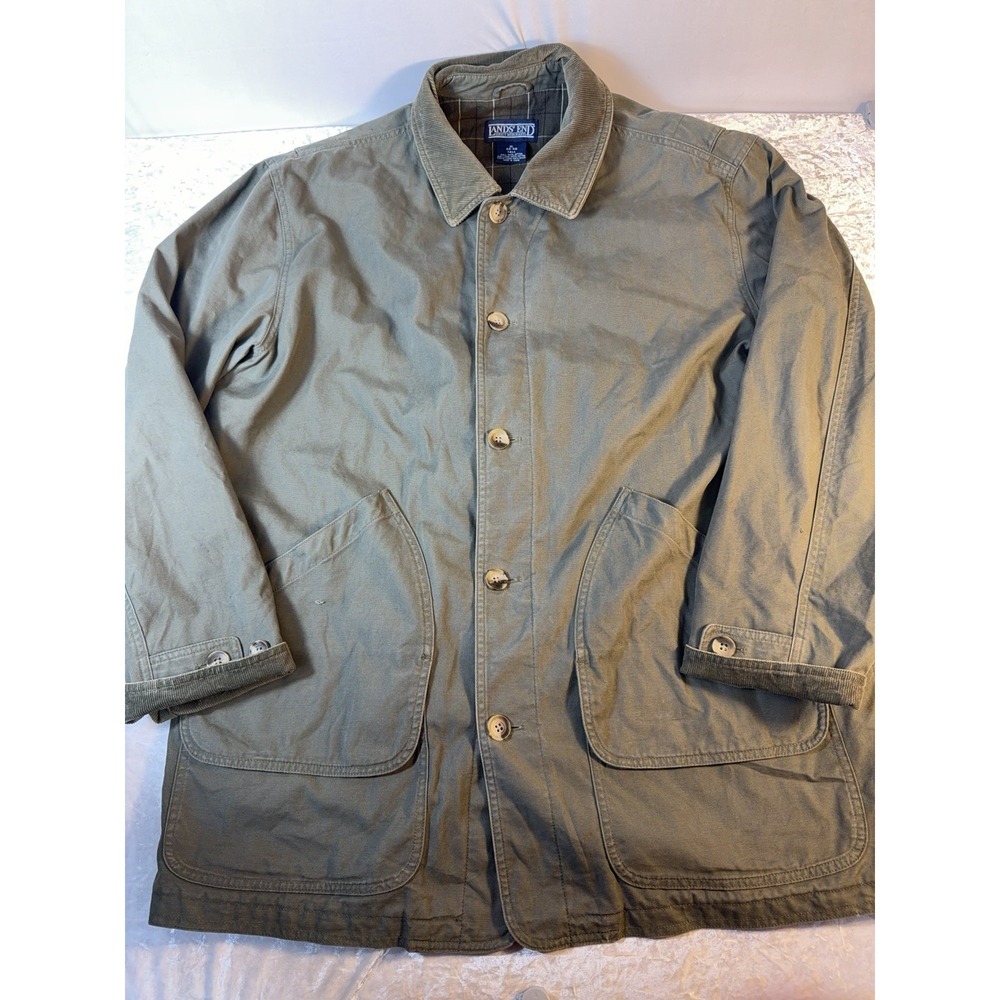 Vintage Lands End Mens XL Tall Barn Coat Olive Canvas Plaid Lined Workwear